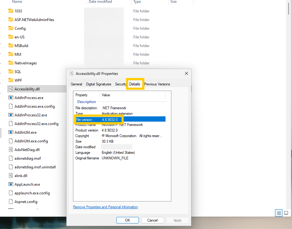 "Accessibility.dll" properties window showing the "Details" tab and the "File version" entry highlighted.
