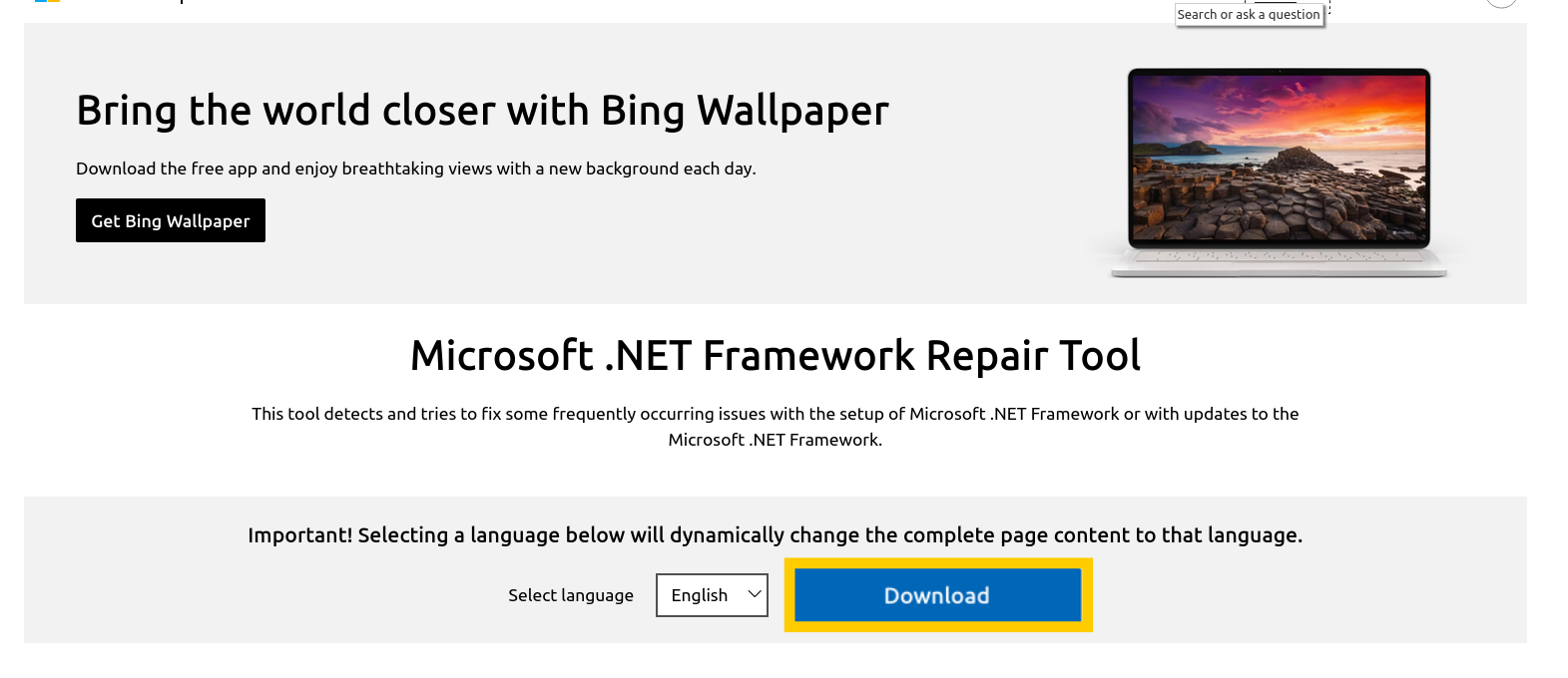 .NET Framework website showing the "Download" option highlighted.