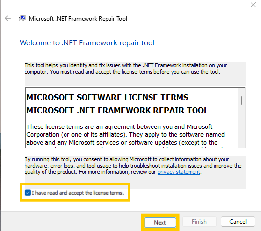 .NET Framework cleanup tool showing the "Next" option highlighted.