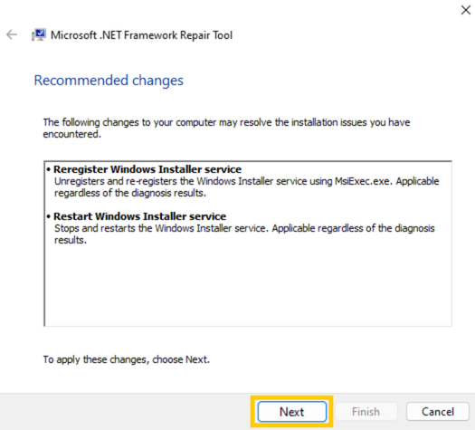 .NET Framework cleanup tool showing the "Next" option highlighted.