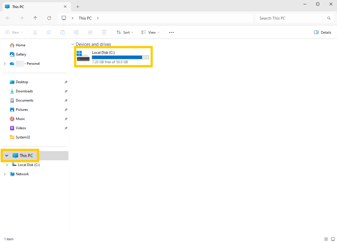 "This PC" on Windows showing the "Local Disk (C:)" folder highlighted.