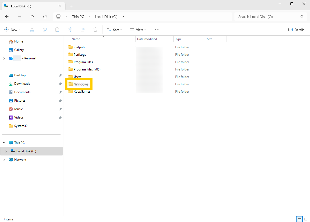 File explorer in Windows 11 showing the "Windows" folder highlighted.