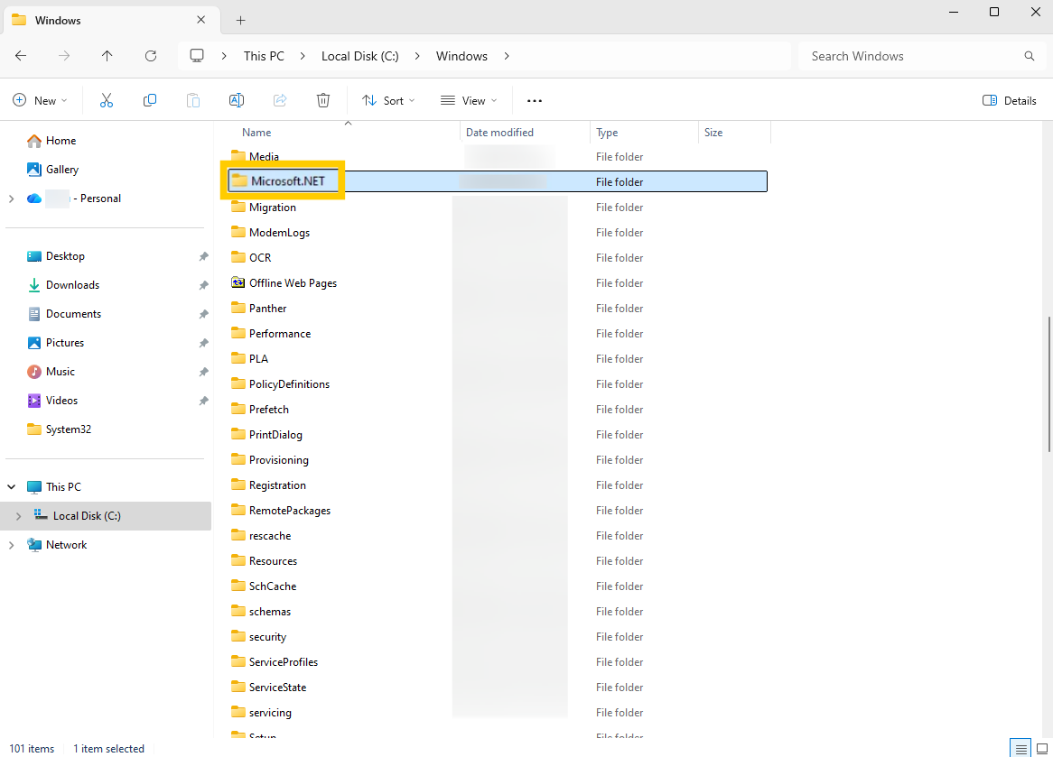 File Explorer on Windows 11 showing the "Microsoft.NET" folder highlighted.