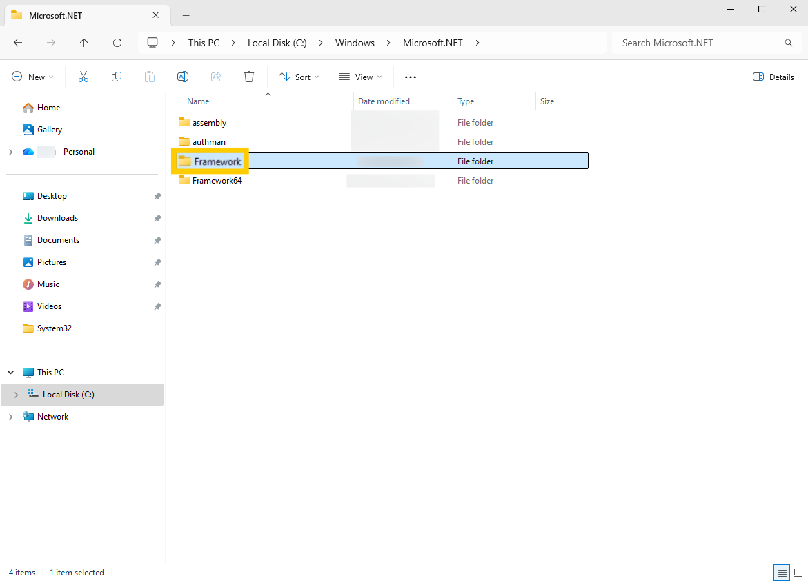 File Explorer on Windows 11 showing the"Framework" folder highlighted.