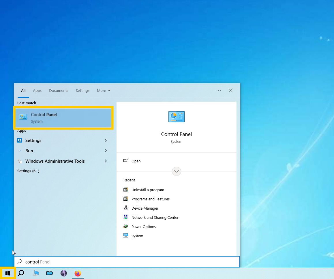 Windows 10 desktop showing the Start menu button and the "Control Panel" option highlighted.