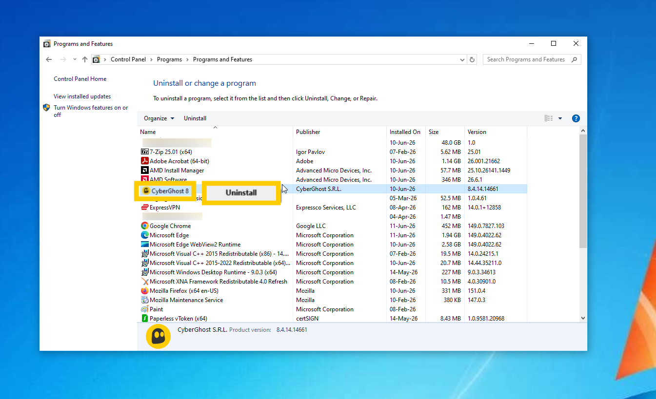 Windows 10 Control Panel showing the CyberGhost app and the "Uninstall" option highlighted.