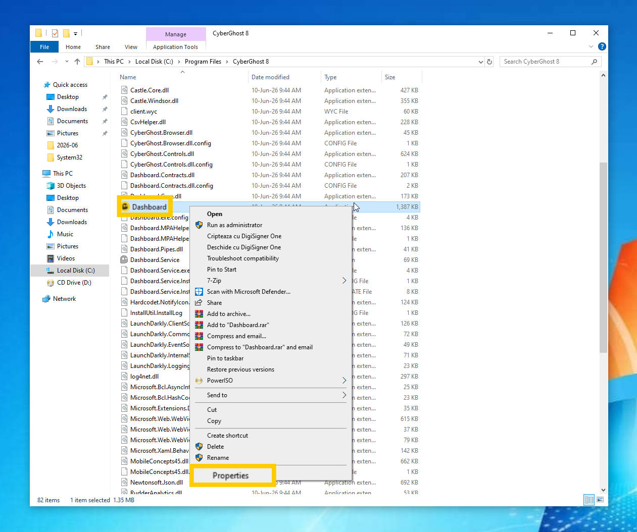CyberGhost installation folder on Windows 10 showing the executable selected and the "Properties" option in the right-click menu.