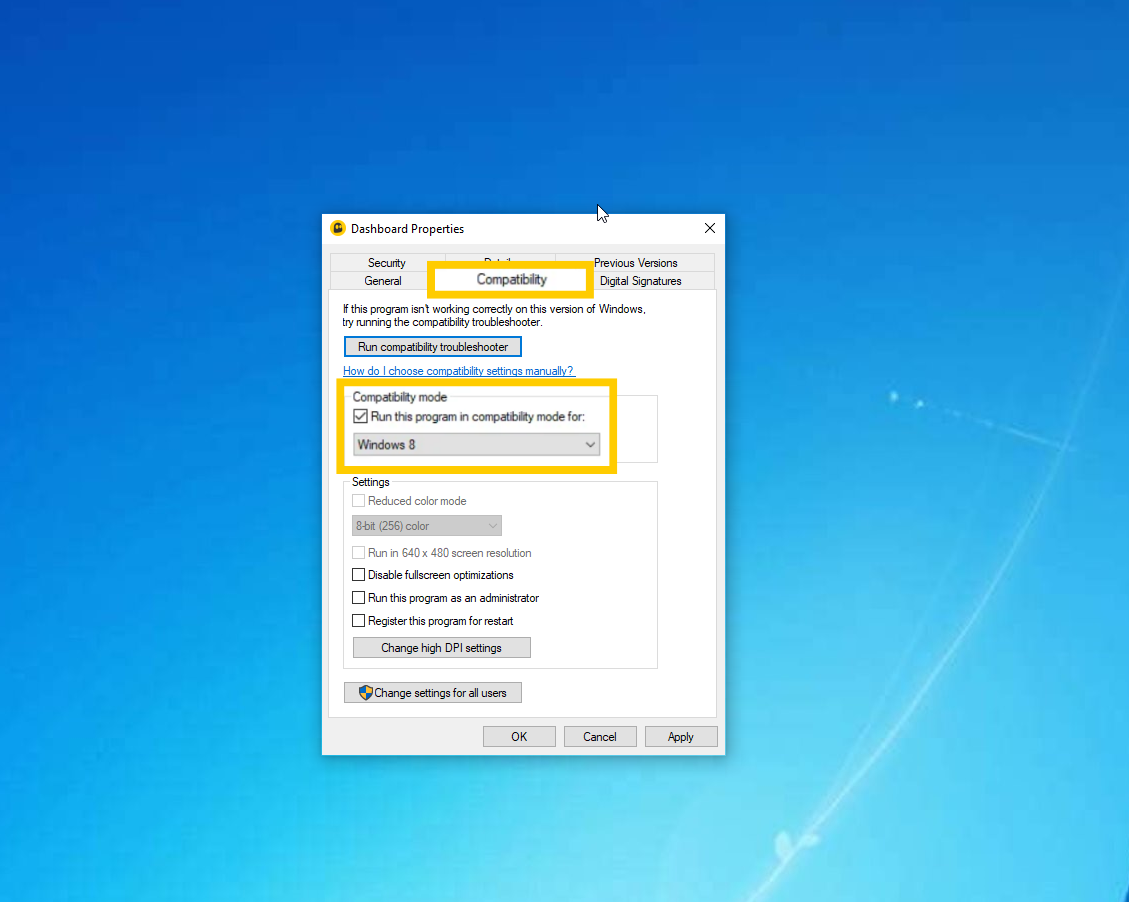 CyberGhost executable properties showing the "Compatibility" tab and the "Compatibility" mode setting highlighted.