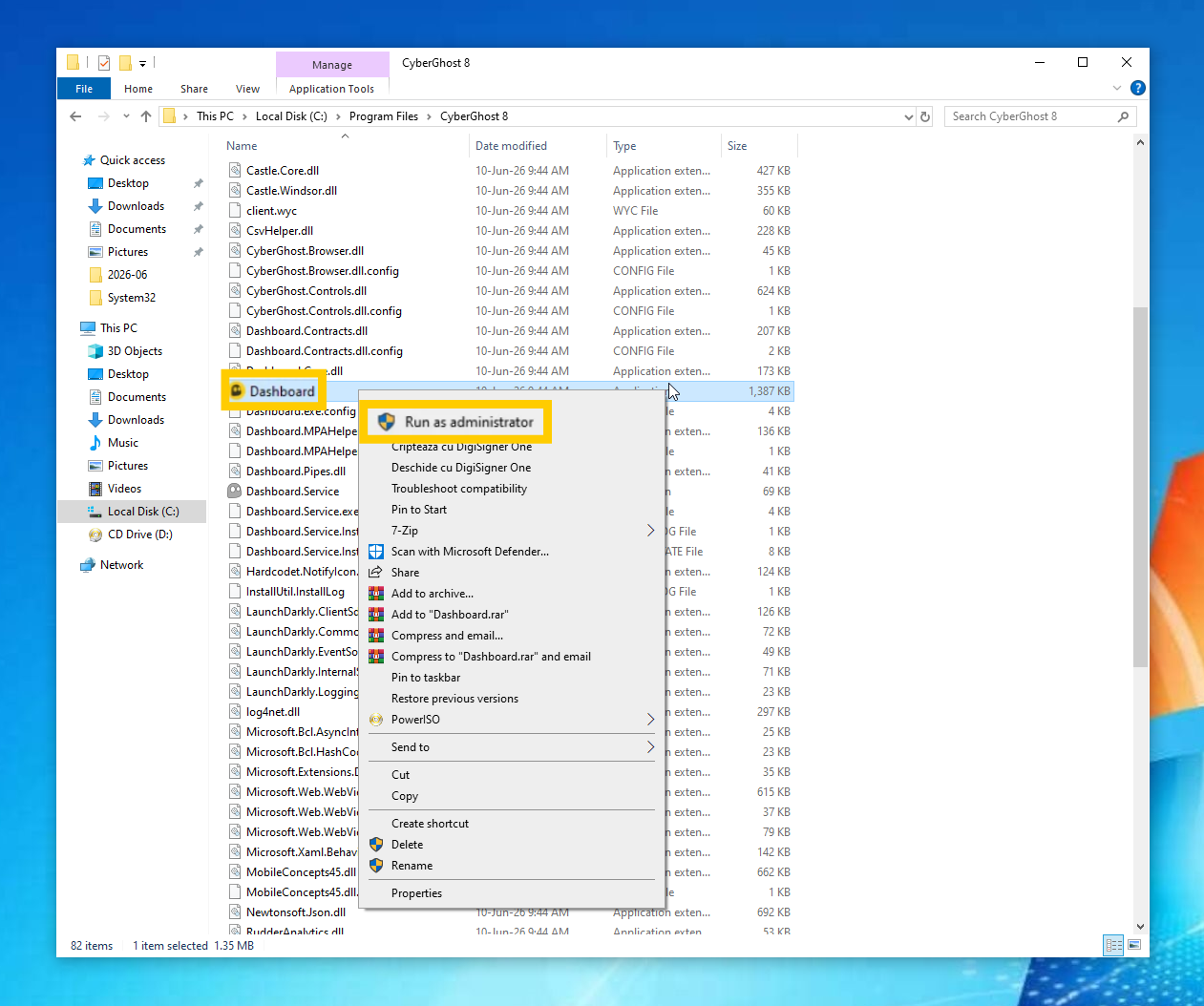 CyberGhost installation folder showing the executable right-click menu and the "Run as administrator" option highlighted.