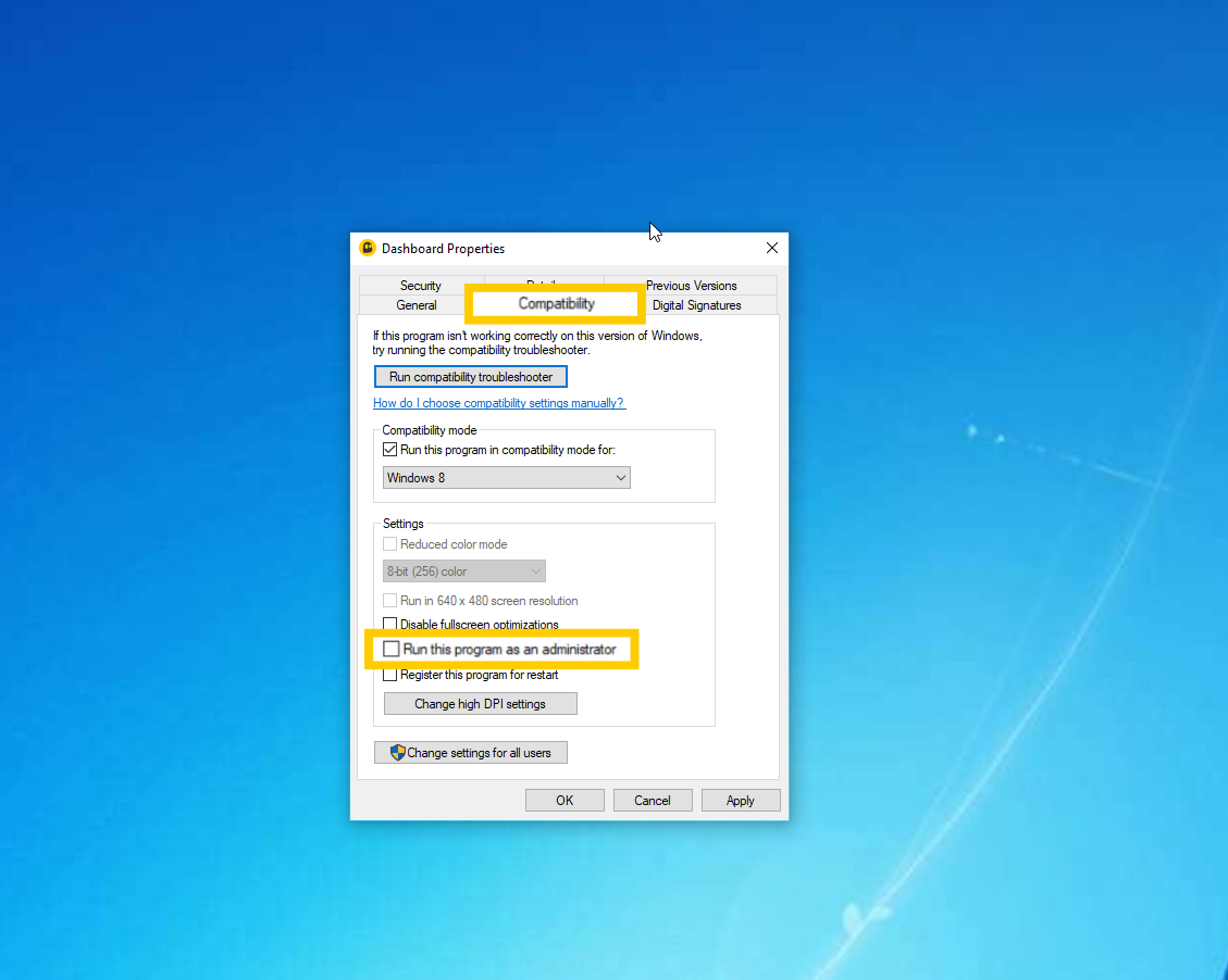 CyberGhost properties showing the "Compatibility" and the "Run this program as an administrator" option highlighted.