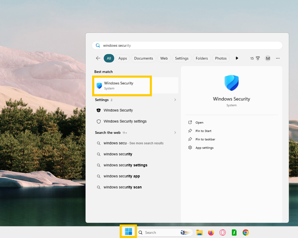 Windows start menu showing the "Windows Security" option highlighted.
