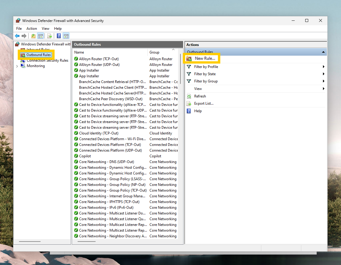 Window Defender firewall advanced settings showing the "Outbound Rules" and "New Rule" options highlighted.