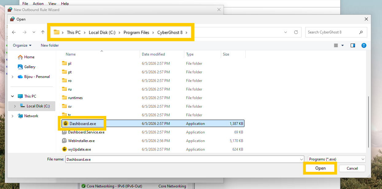 Windows Firewall outbound rules settings showing the file selector and the Cyberghost executable highlighted.