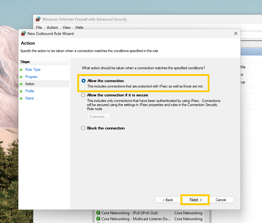 Windows Firewall outbound rules settings showing the"Allow the connection" option highlighted.