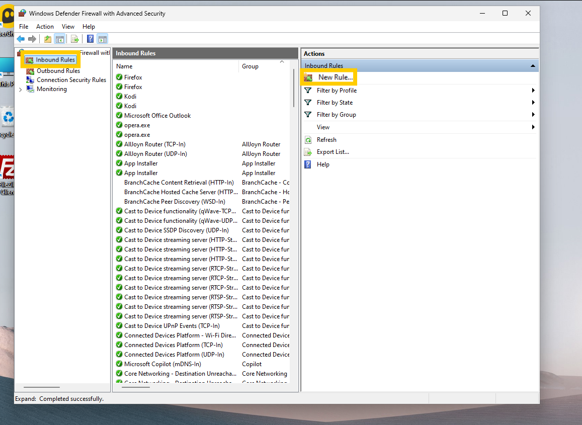 Windows Firewall outbound rules settings showing the"Inbound rules" and "New Rule" options highlighted.