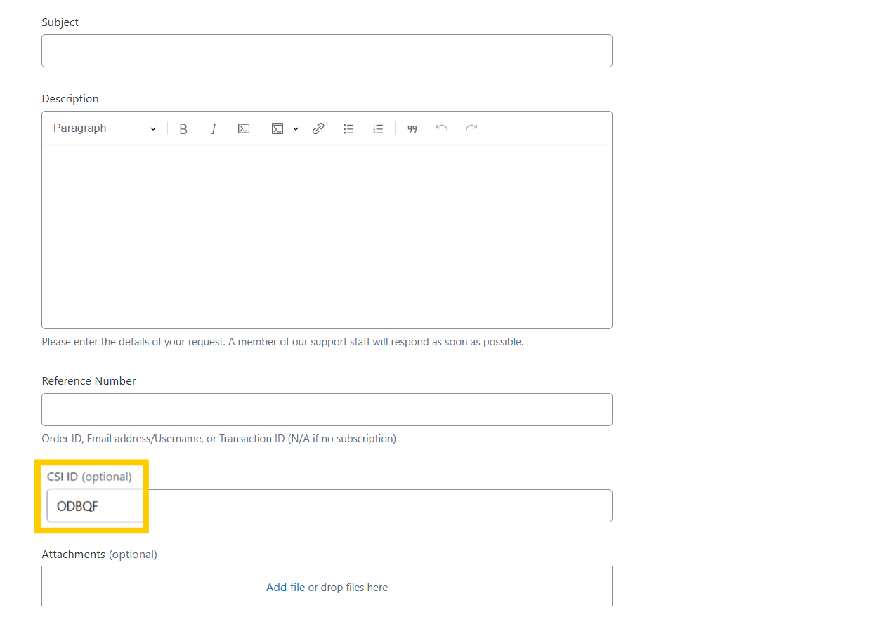 CyberGhost VPN feedback form showing the CSI ID field highlighted.