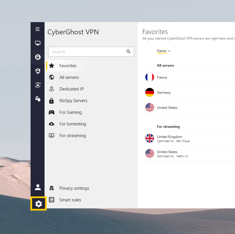 CyberGhost VPN app showing the gear icon in the bottom-left corner highlighted.