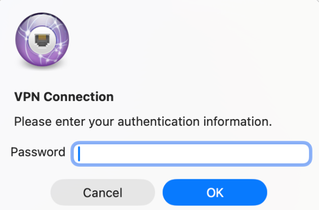 macOS VPN Connection dialog prompting for the VPN password.