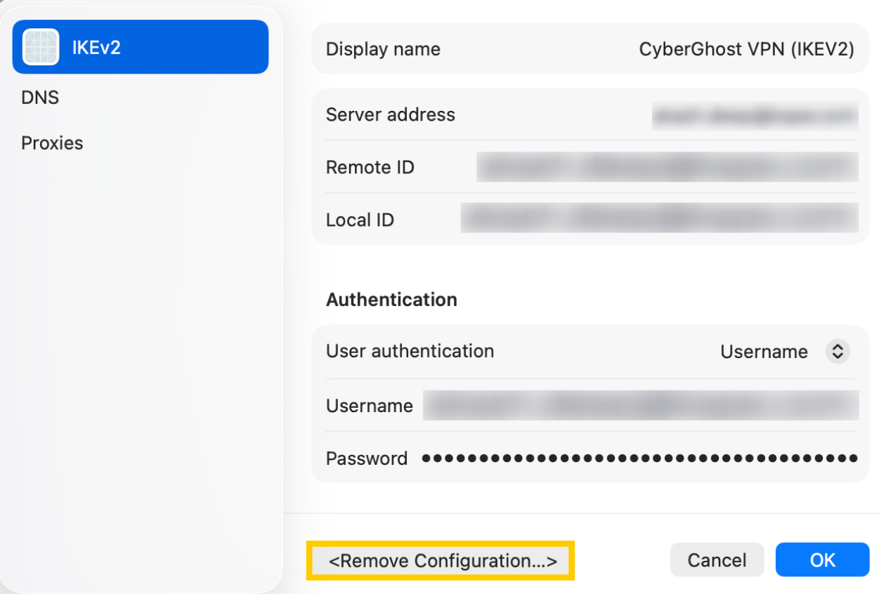 The CyberGhost VPN Ikev2 configuration window on macOS, with a highlighted "Remove Configuration" button.