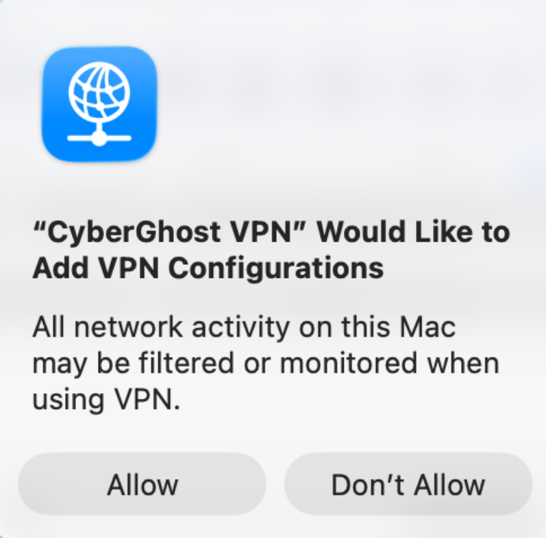 The "CyberGhostVPN" Would Like to Add VPN Configurations" prompt on macOS.