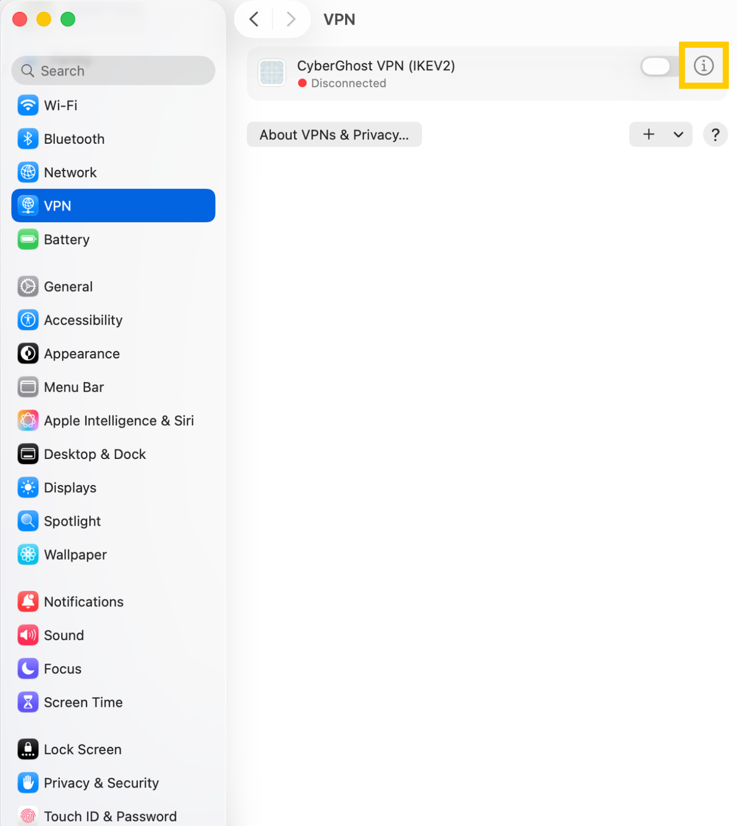 The VPN tab in System Settings on macOS, with a highlighted "i" icon next to the CyberGhost VPN IKev2 configuration profile.