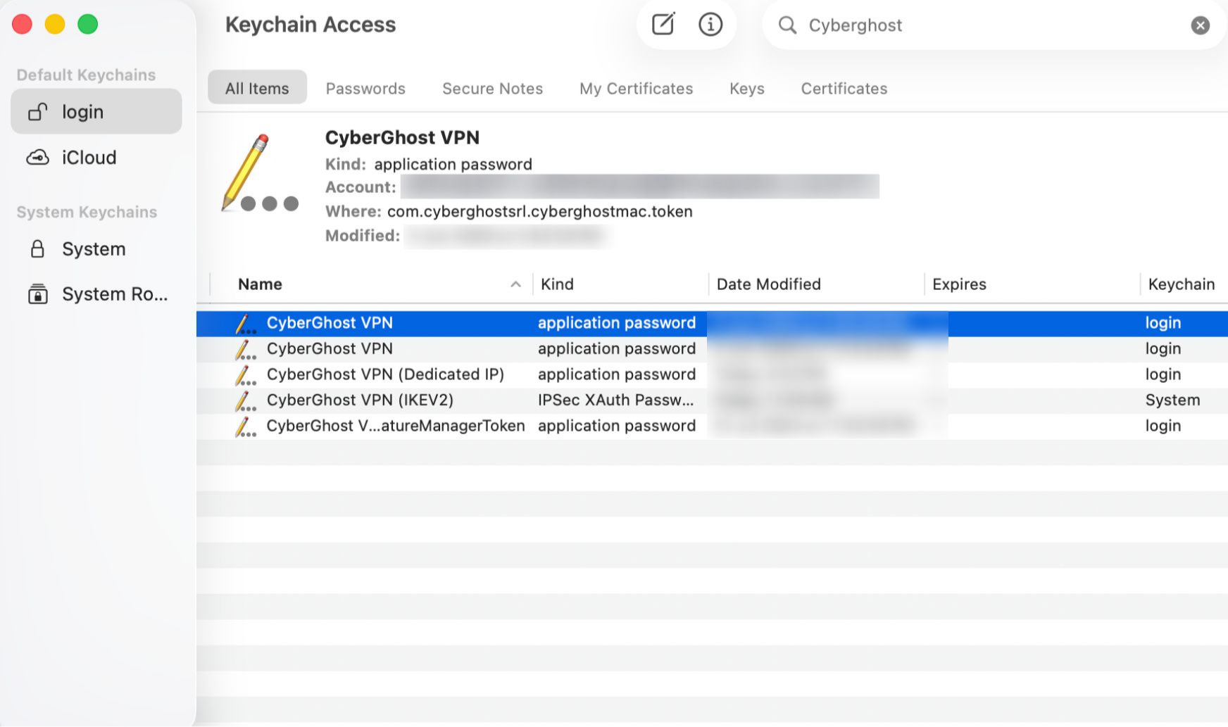 Keychain Access showing CyberGhost VPN entries in the login keychain.