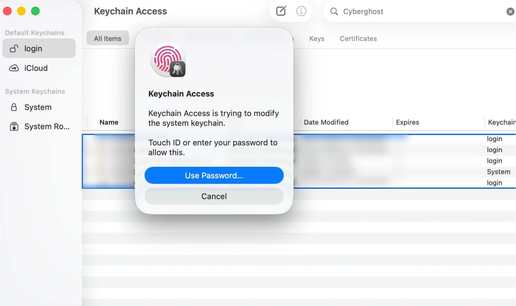 Keychain Access authentication prompt requesting permission to modify the system keychain.