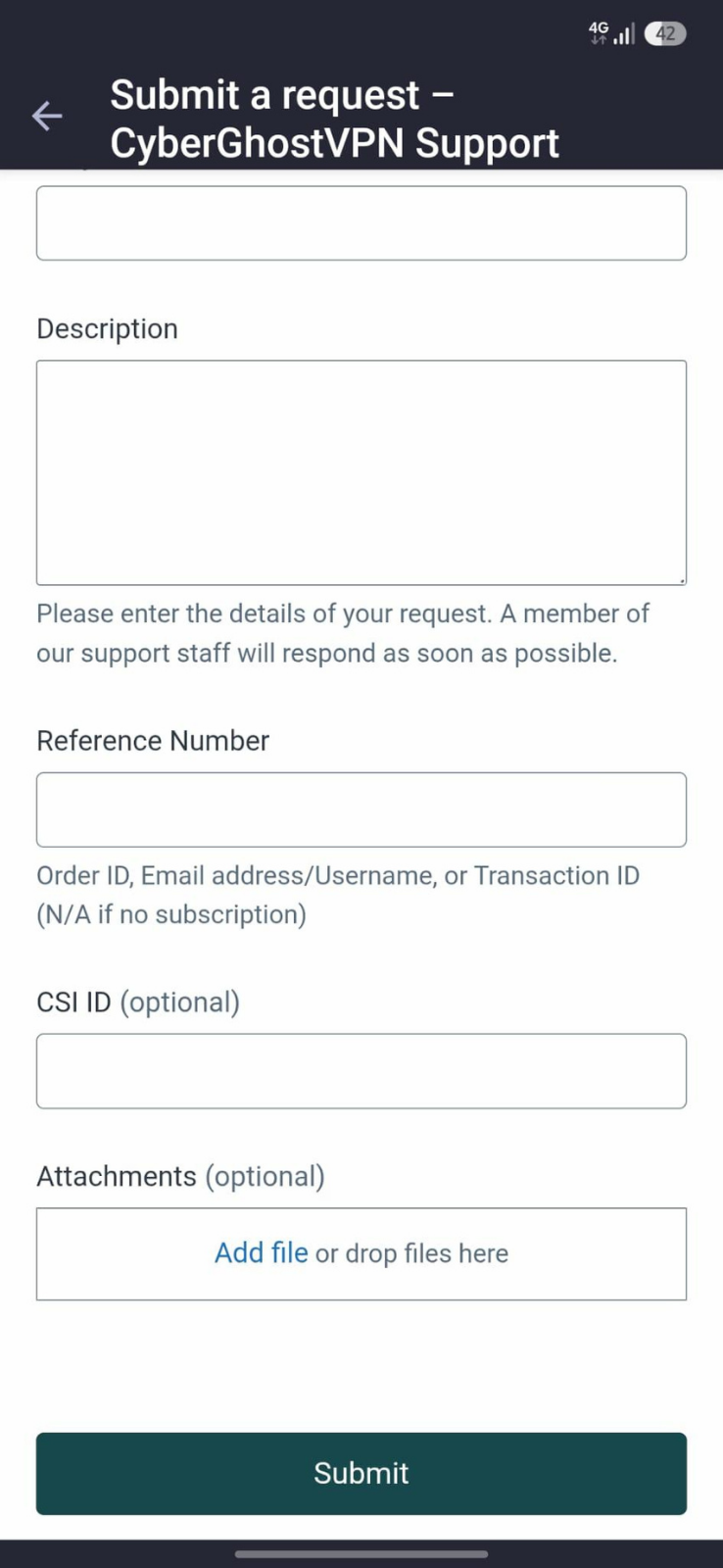 CyberGhost VPN debug log form.
