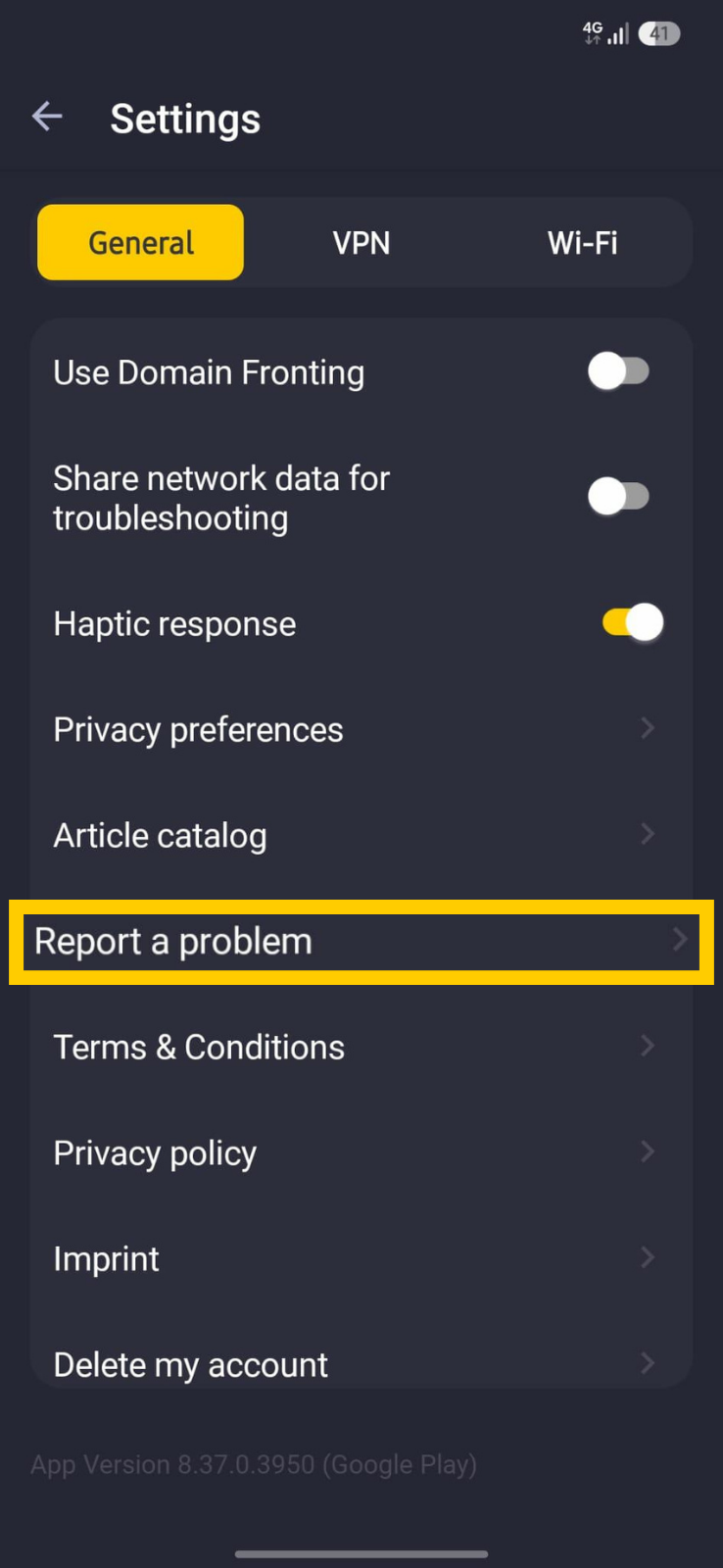 CyberGhost VPN general settings menu with option to send a report log.