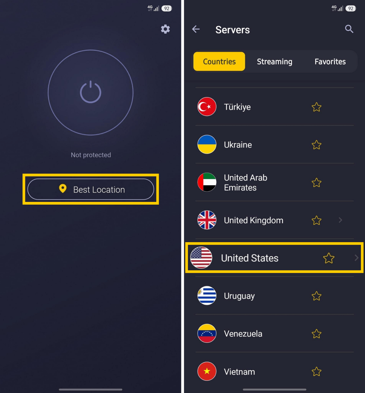 Selecting different servers to connect in CyberGhost VPN.