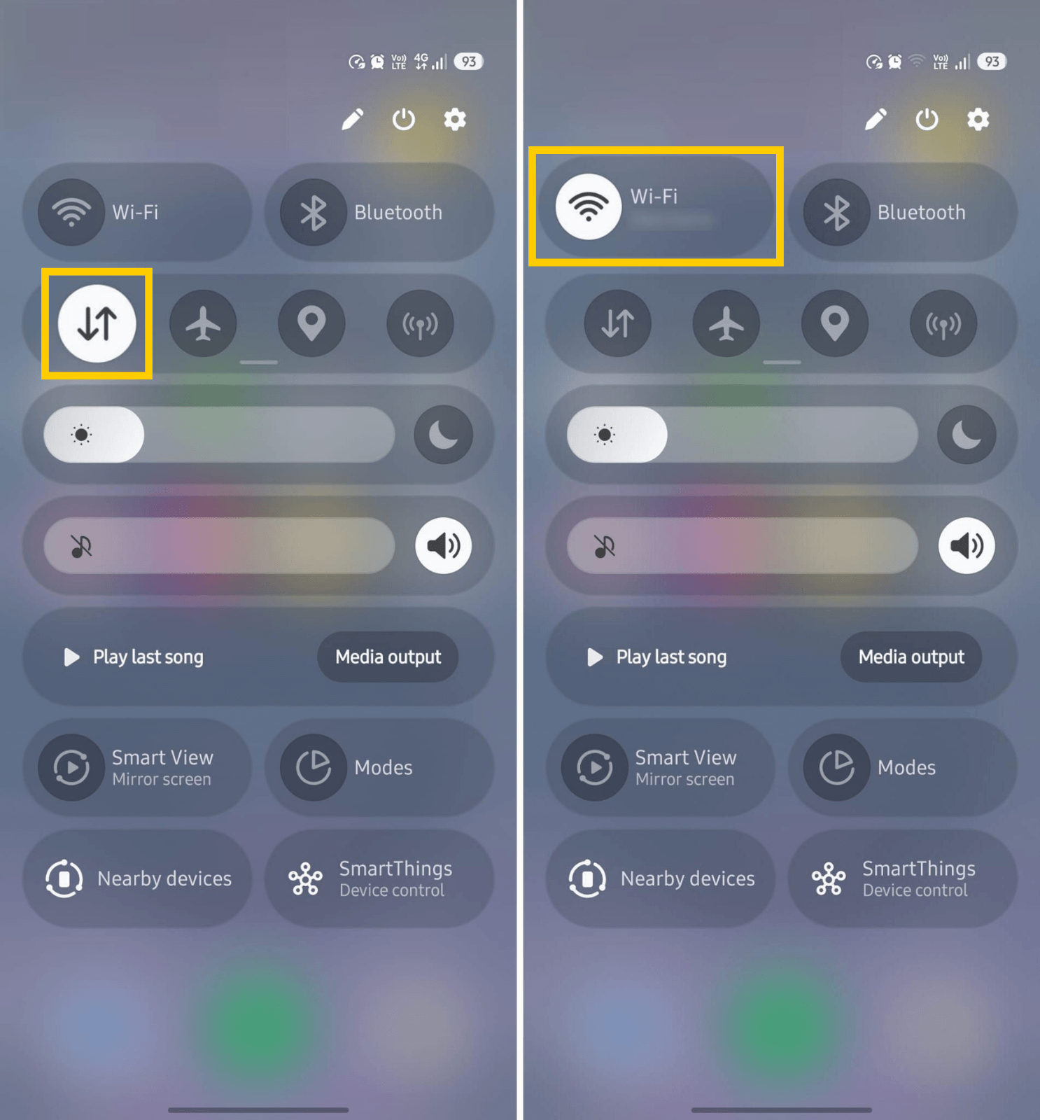 Android network connection options with cellular data and Wi-Fi buttons.