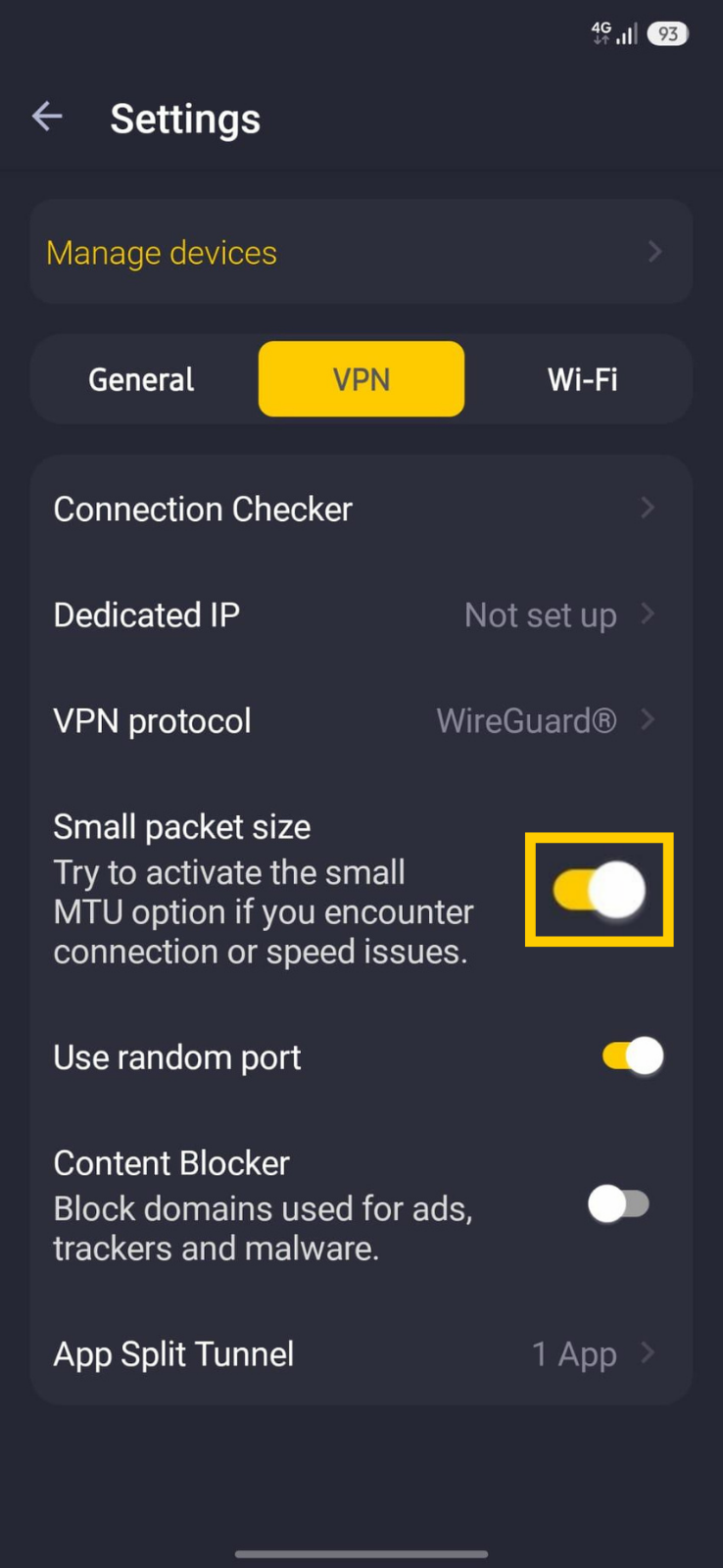 Small packet size feature enabled in the CyberGhost VPN app.