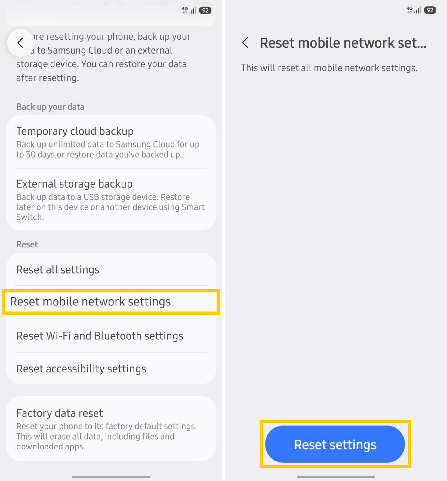 Resetting mobile network settings on Android.