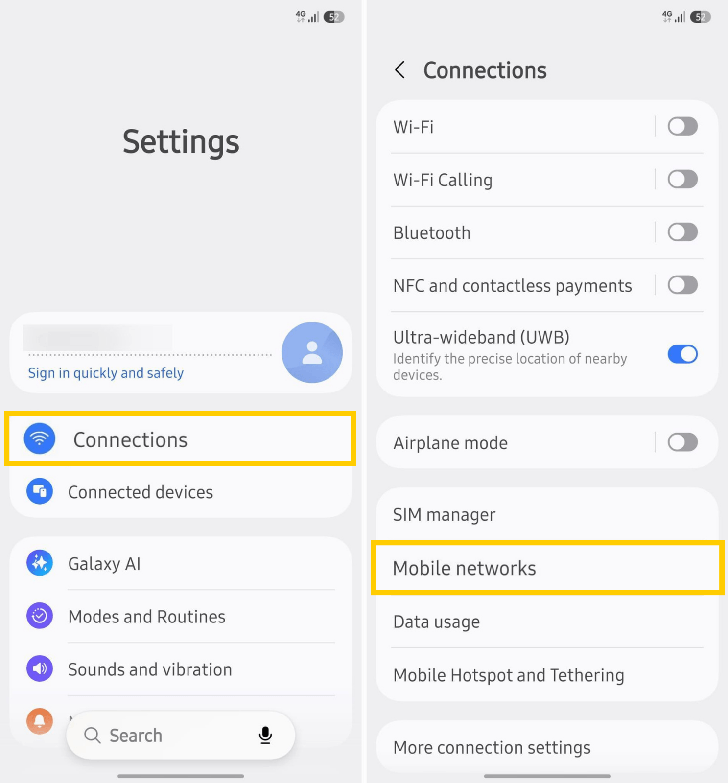 Navigating to the Mobile networks menu on Android.