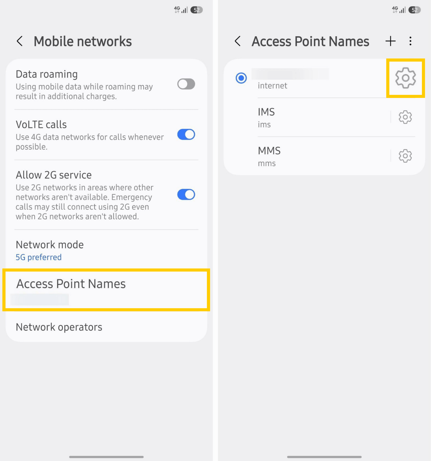 Android Access Point Names menu with ISP settings option.