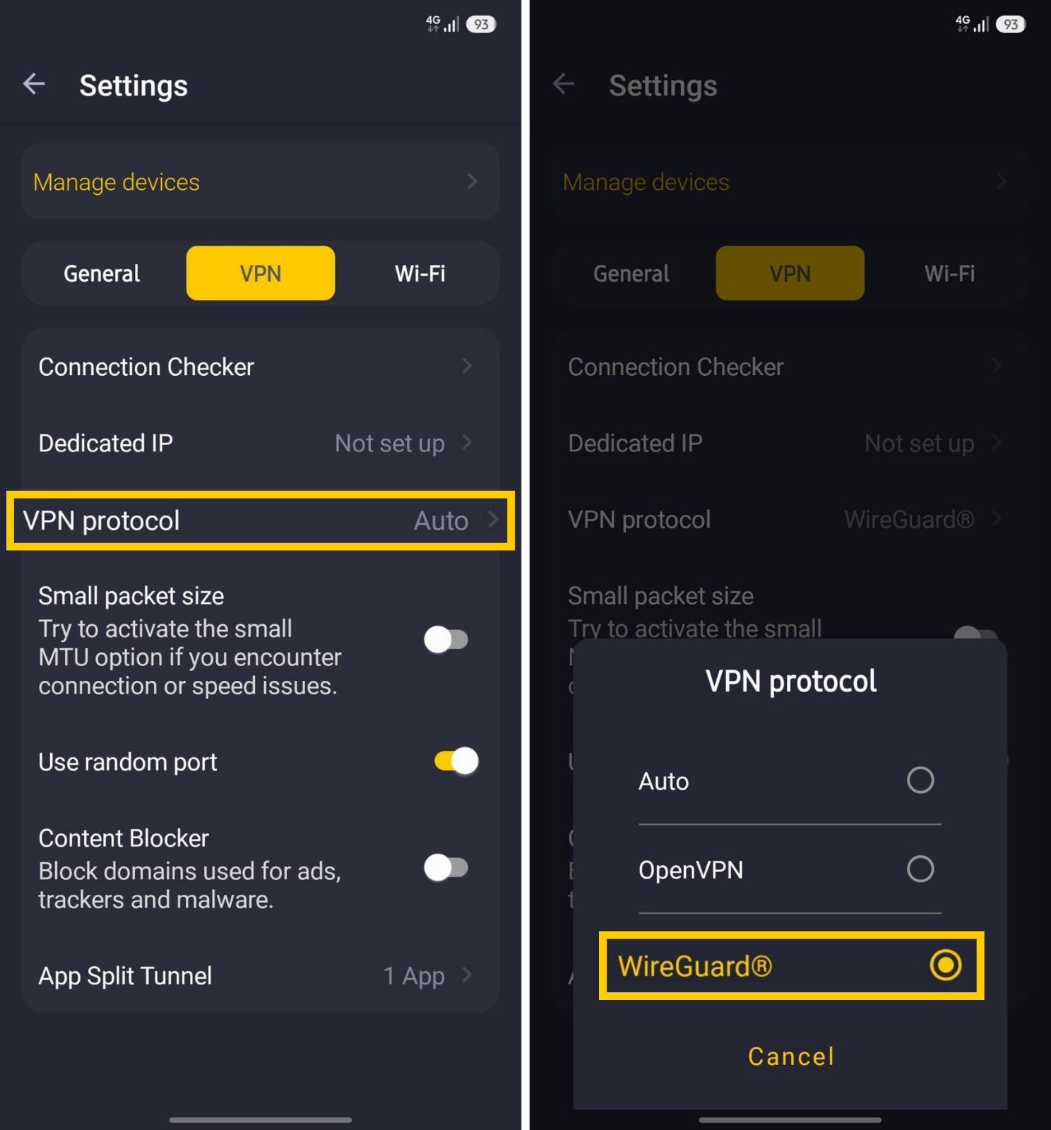 VPN protocol settings with OpenVPN and WireGuard options.