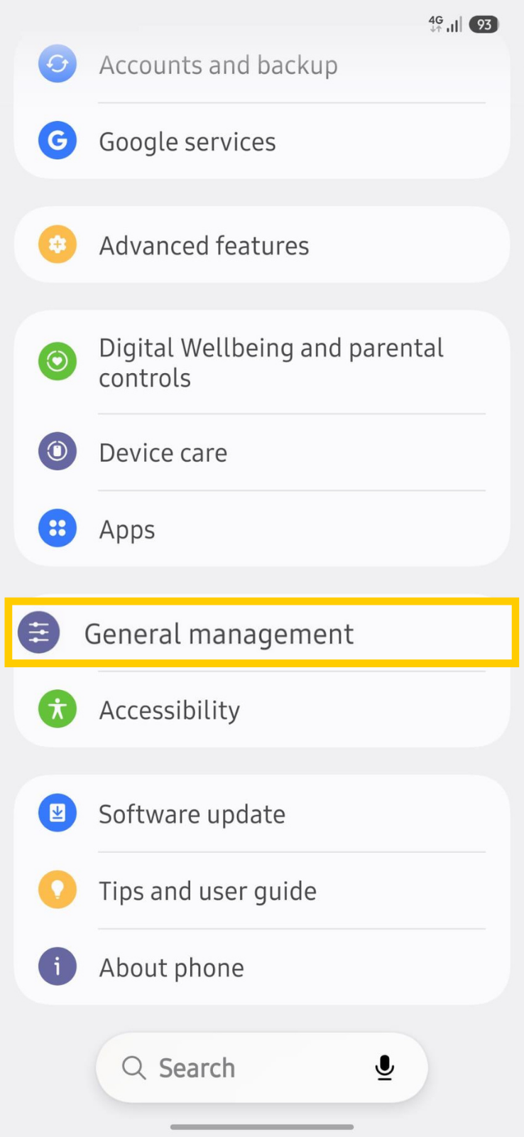 General management and system settings navigation on an Android phone.