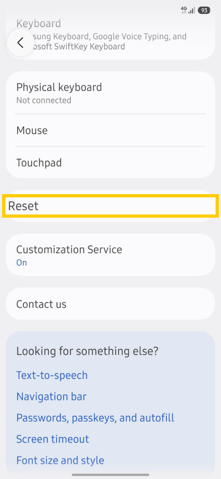 Android general management settings with Reset highlighted.