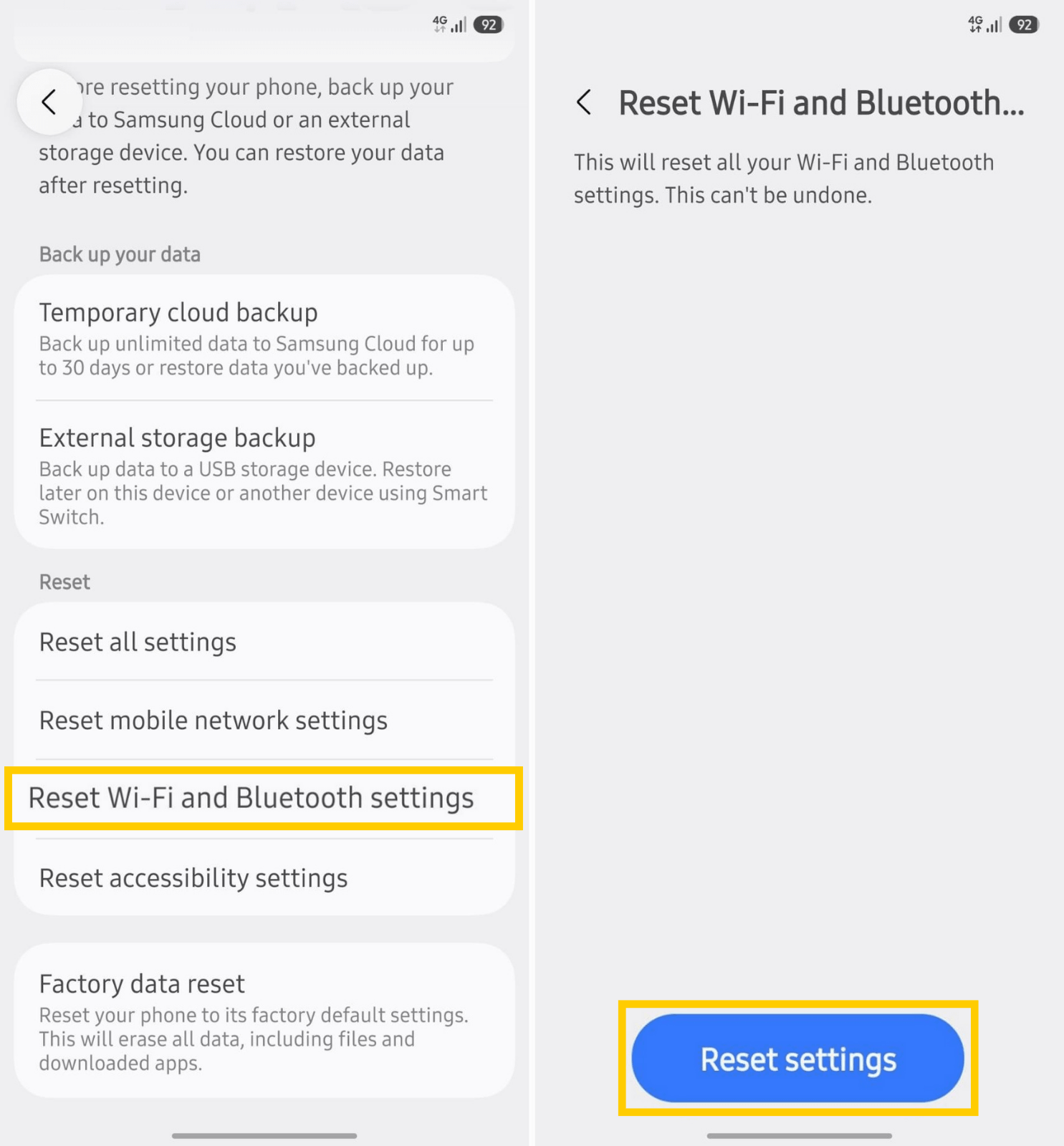Resetting Wi-Fi network settings and saved connections.