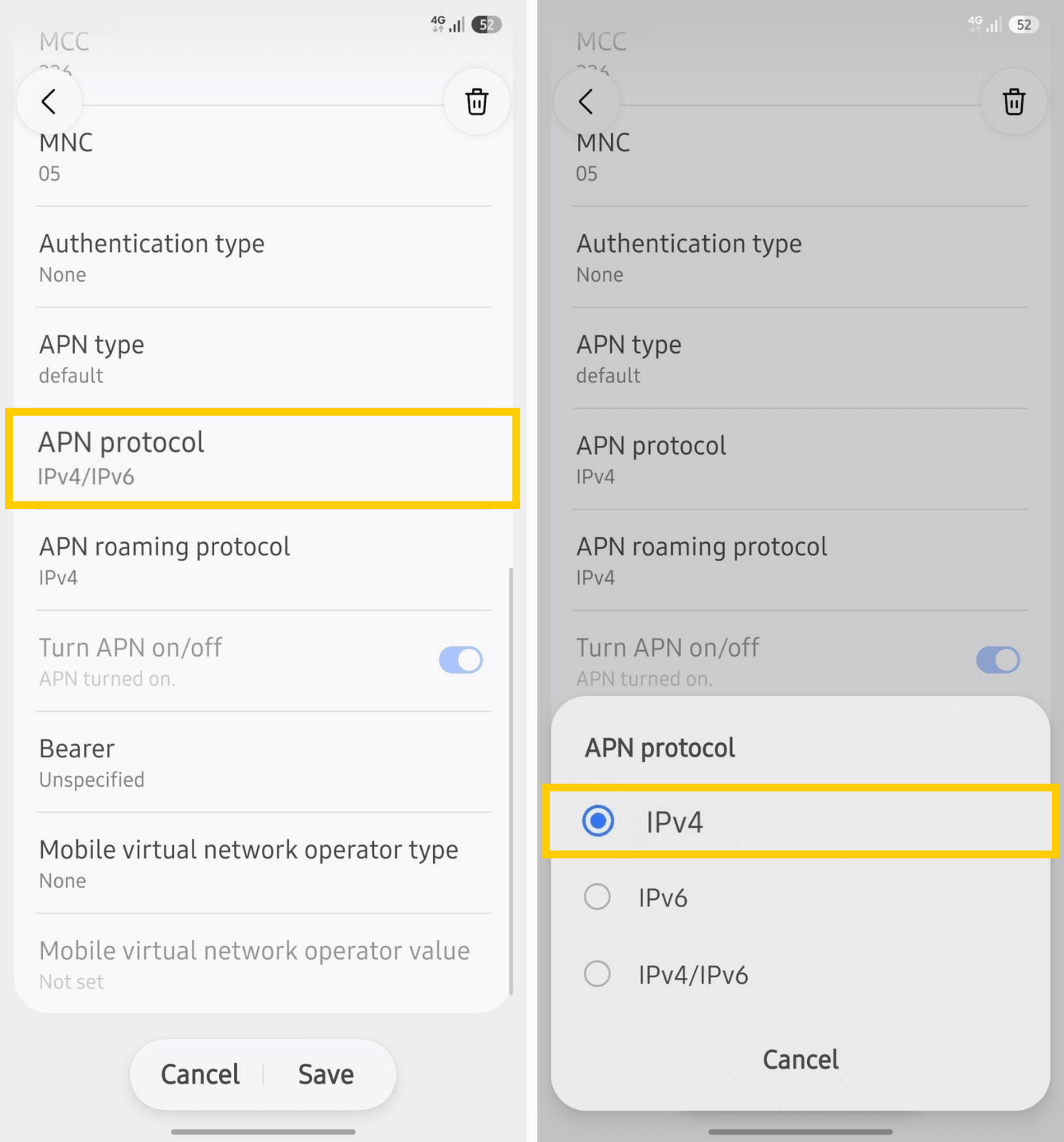 Switching from IPv6 to IPv4 on Android.