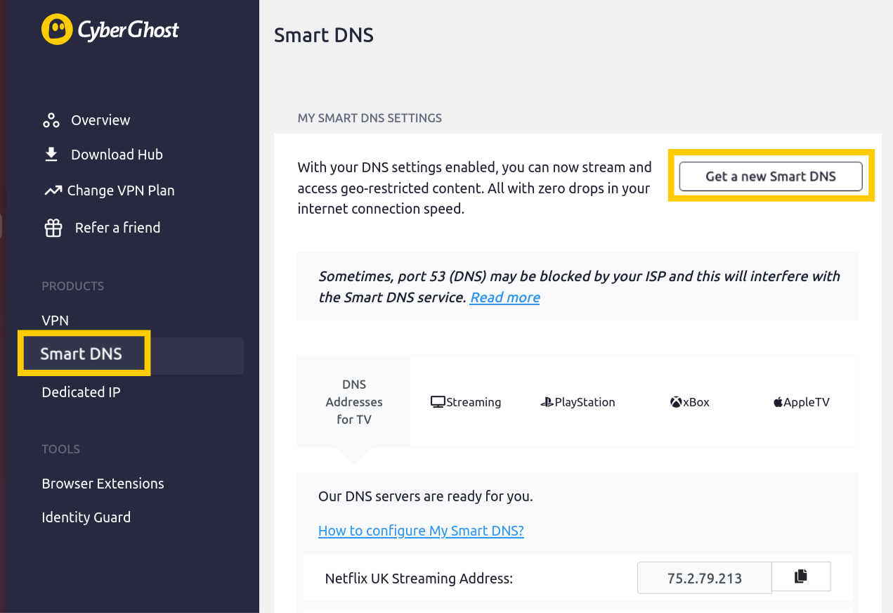 CyberGhost interface showing the "Smart DNS" and "Get a new Smart DNS" options highlighted.