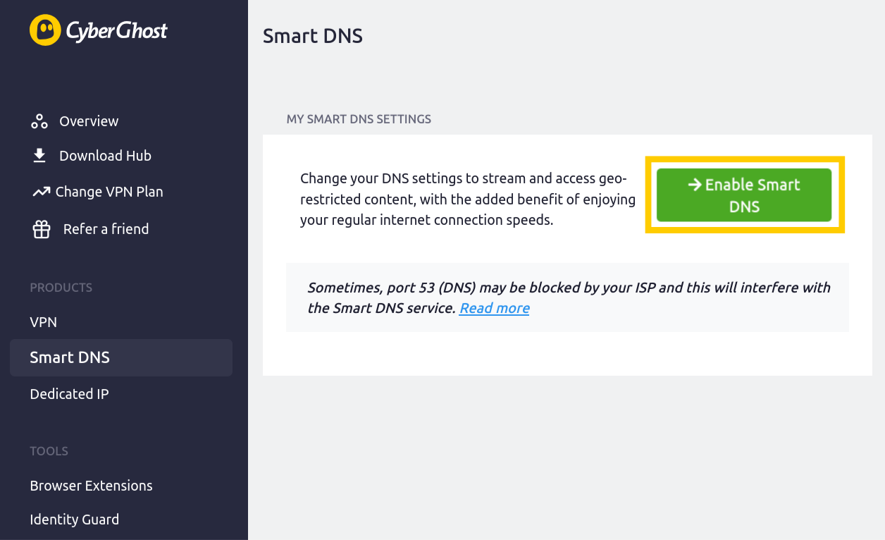 CyberGhost Smart DNS page showing the "Enable Smart DNS" option highlighted.