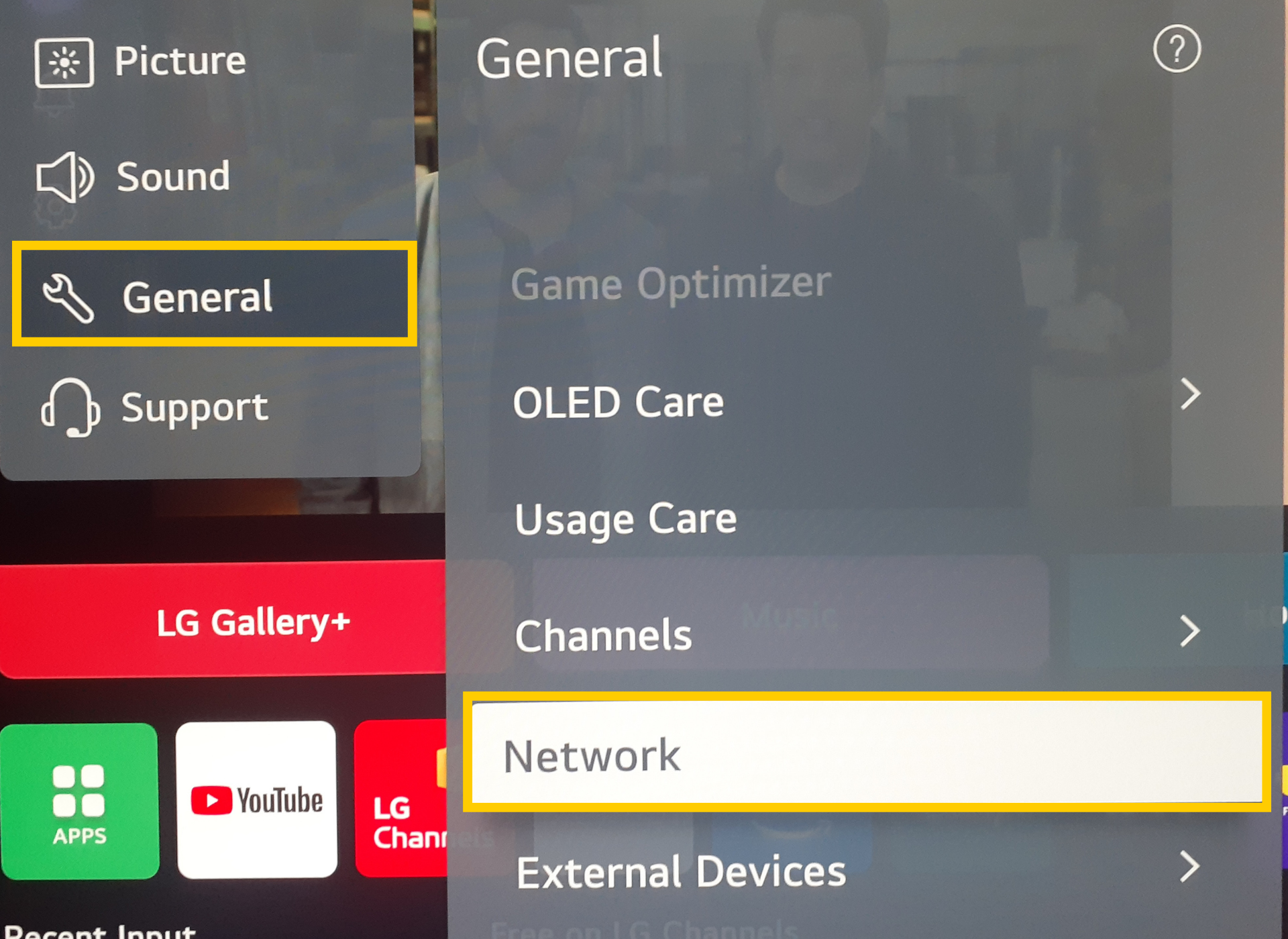 LG TV Settings menu open, showing navigation path with General selected and Network highlighted as the next option.