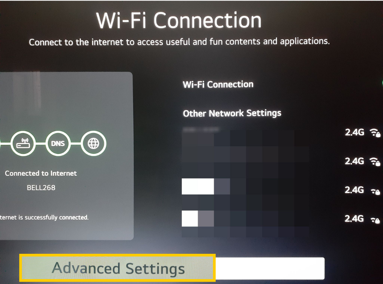 LG TV Wi-Fi network list showing Advanced Settings highlighted.
