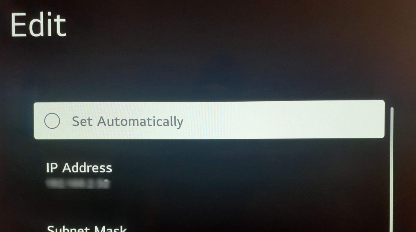 LG TV manual network settings screen showing Set Automatically checkbox unchecked.