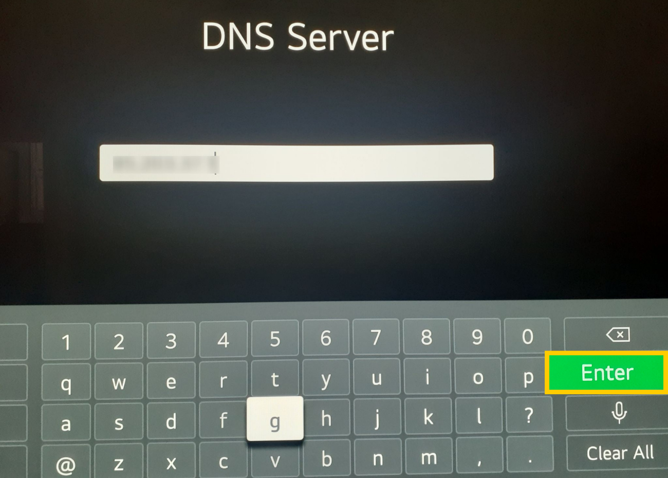 DNS configuration screen on LG TV showing DNS server field.
