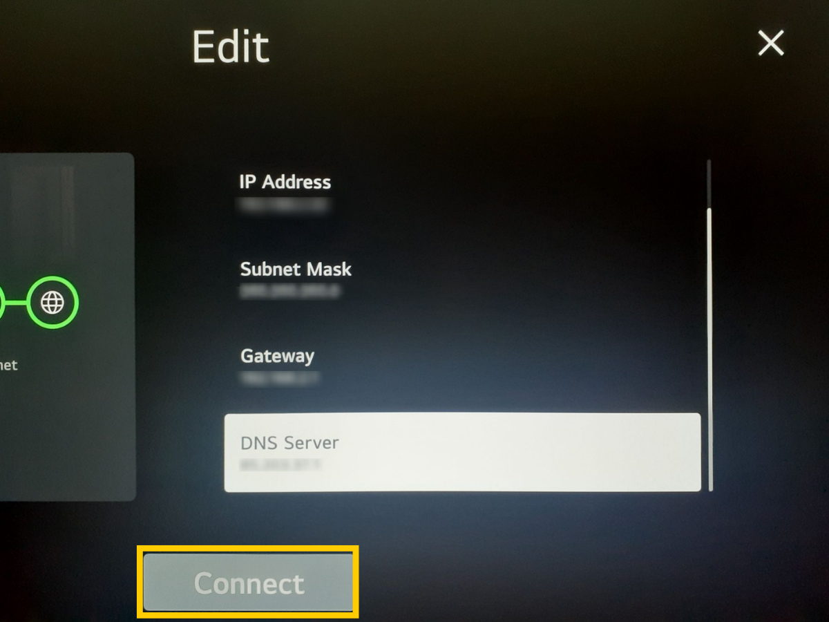 LG TV network settings confirmation screen with Connect button selected to apply changes.