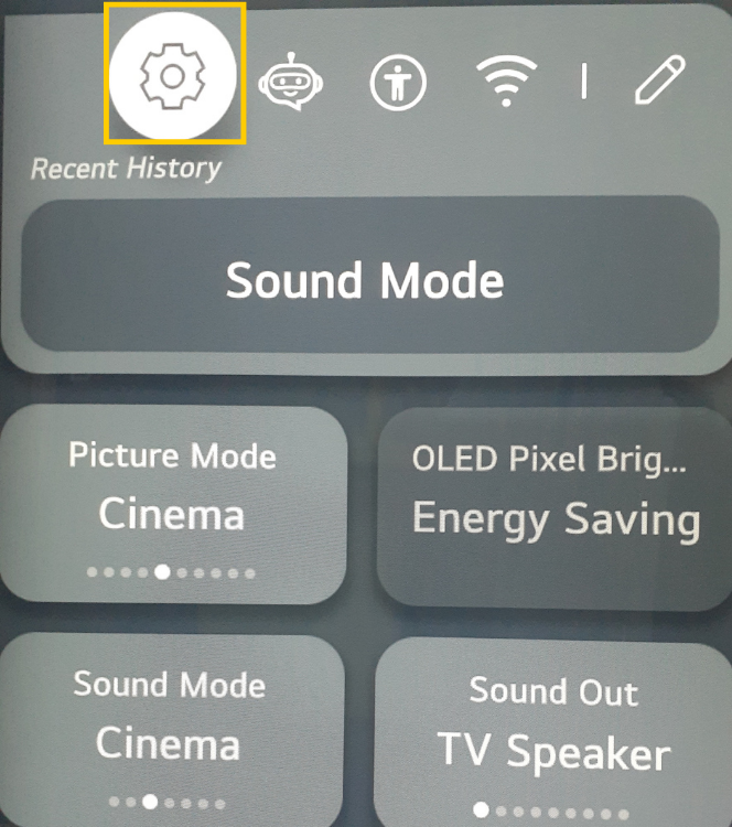 LG TV launcher bar with the Settings gear icon highlighted.