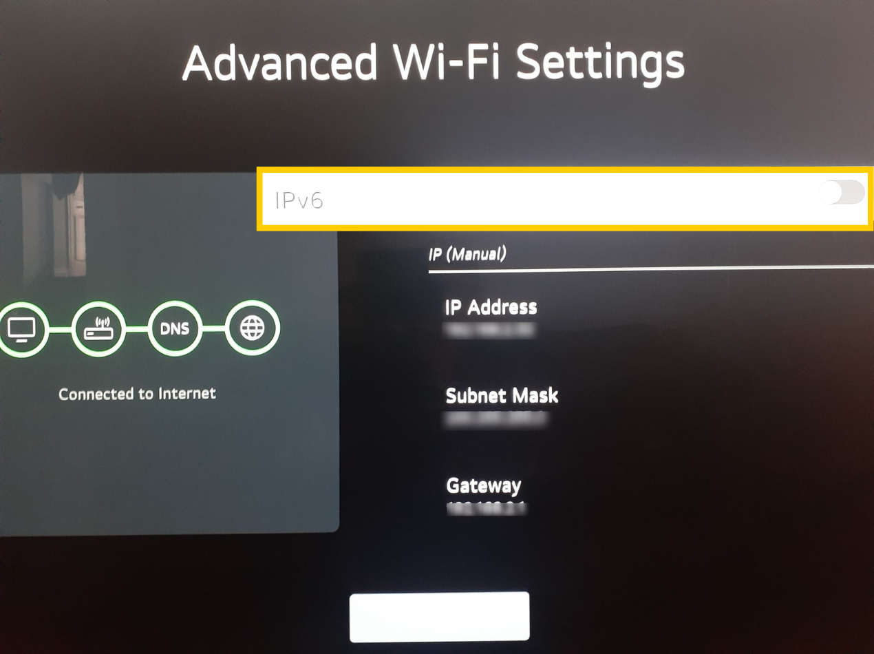 LG TV Wi-Fi network list showing Advanced Settings highlighted.
