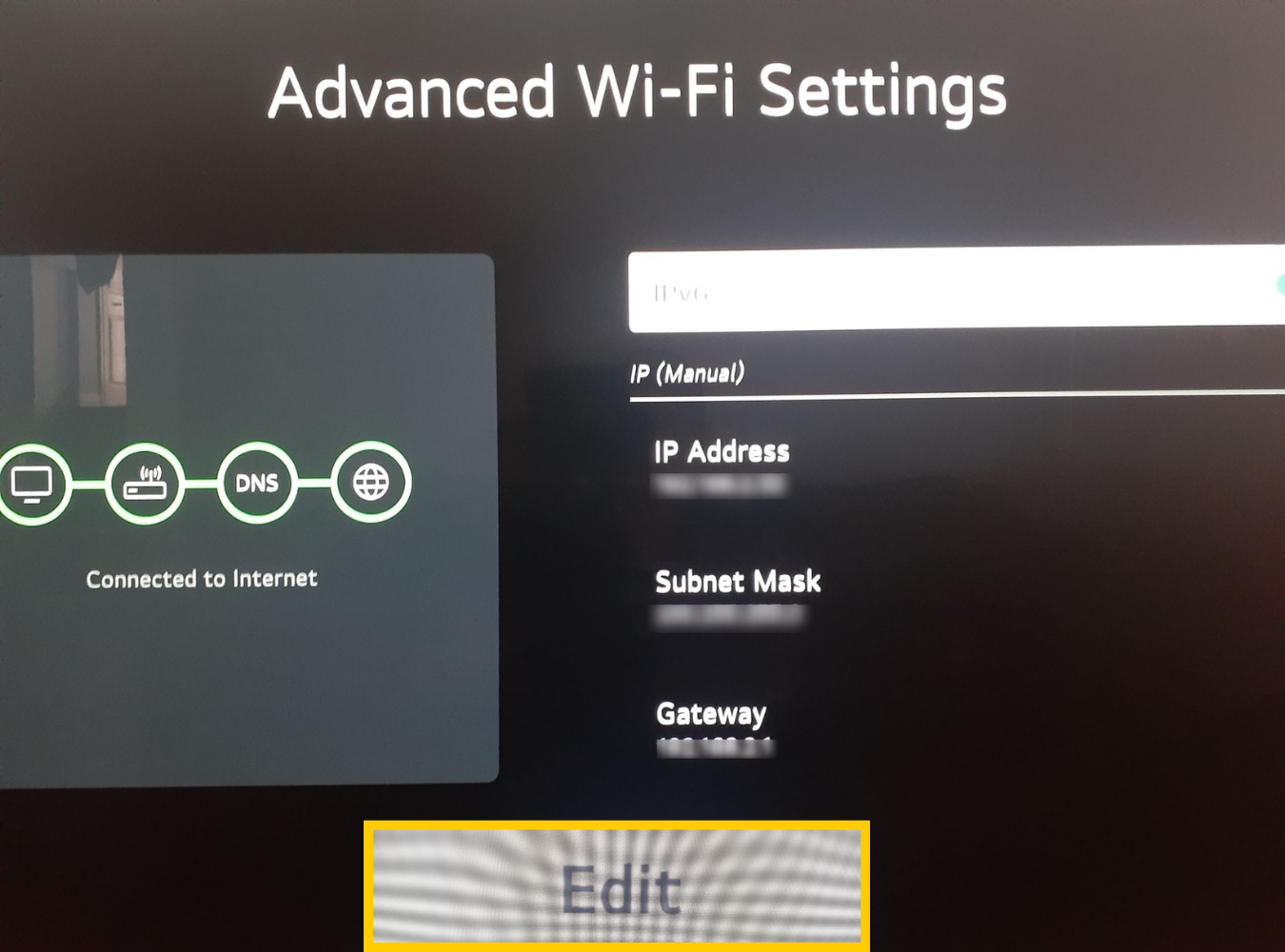 Advanced Wi-Fi Settings screen with the Edit option selected.